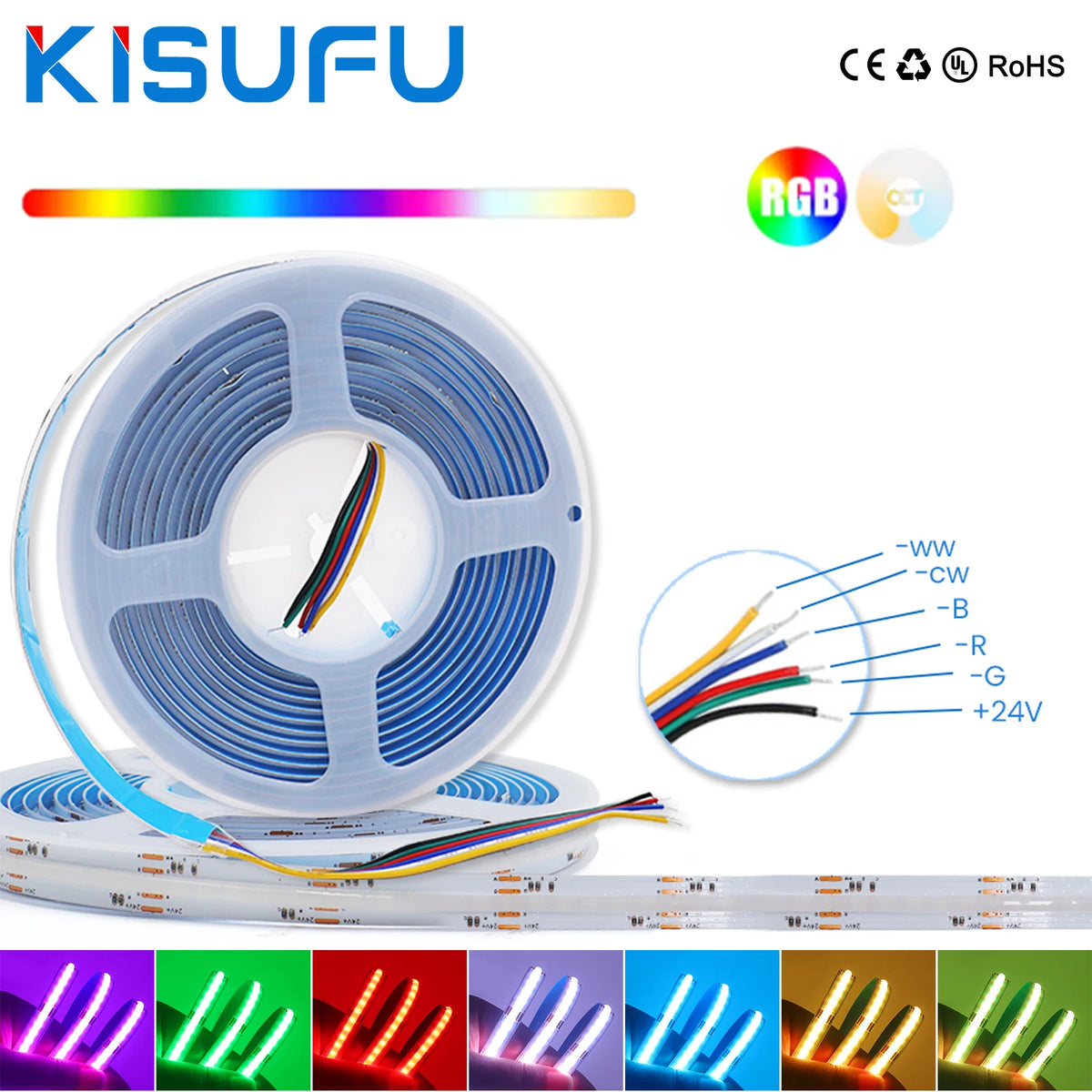 DC24V RGB CCT COB LED Strip Light 840LEDs/m High Bright Dotless 2M 3M 5M RGBCCT Flexible LED Ribbon Tape for Home Decor Lighting