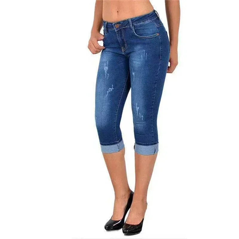 Women Simple Style Slim Pencil Jeans Scratches Decoration Seven-quarter Length Pants Daily Casual Commuter Female Denim Trousers