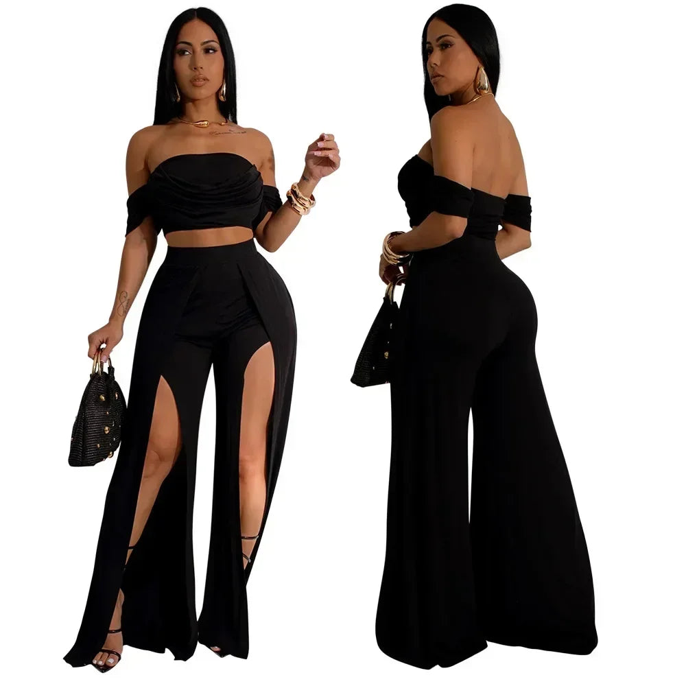 Women's Set Short Sleeve Slash Neck Ruched Tops and Wide Leg split Pants 2025 Street Two 2 Piece Sets Outfit Tracksuits