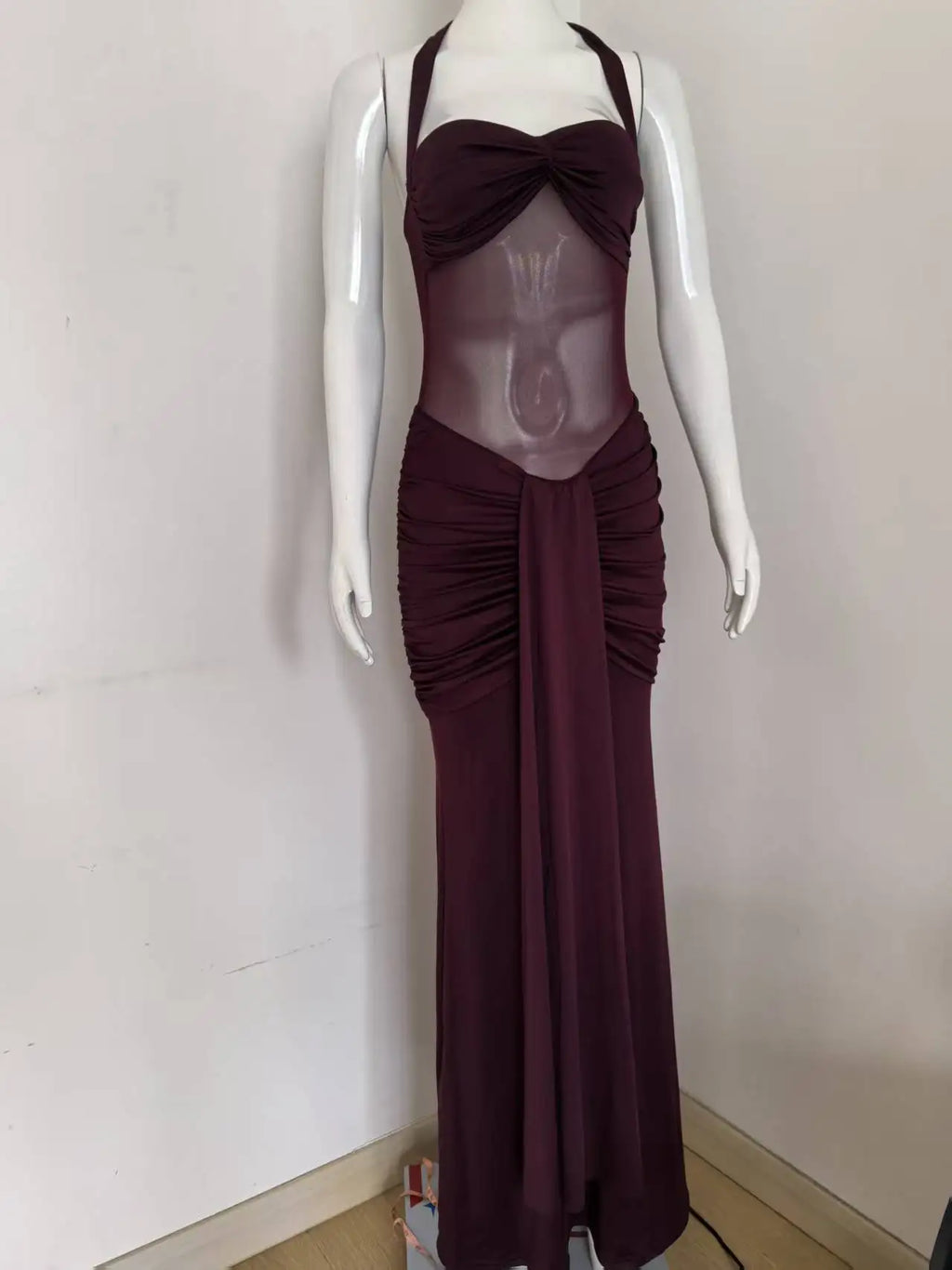 Suninheart Draped Maxi Evening Dress Women Elegant Halter Prom Dresses Wine Formal Occasions Backless Dress Sexy