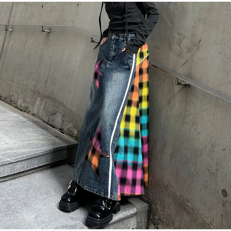 High Fashion Denim Skirt Women Elastic High Waist A-Line Long Skirt Female Colorful Patchwork Plaid Jean Skirt