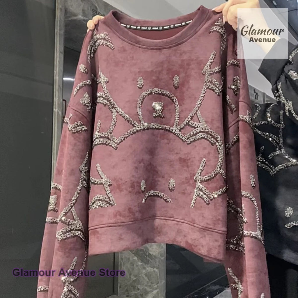 French style round neck heavy industry sequined long-sleeved sweater female autumn new fashion casual cute bear slim loose top.