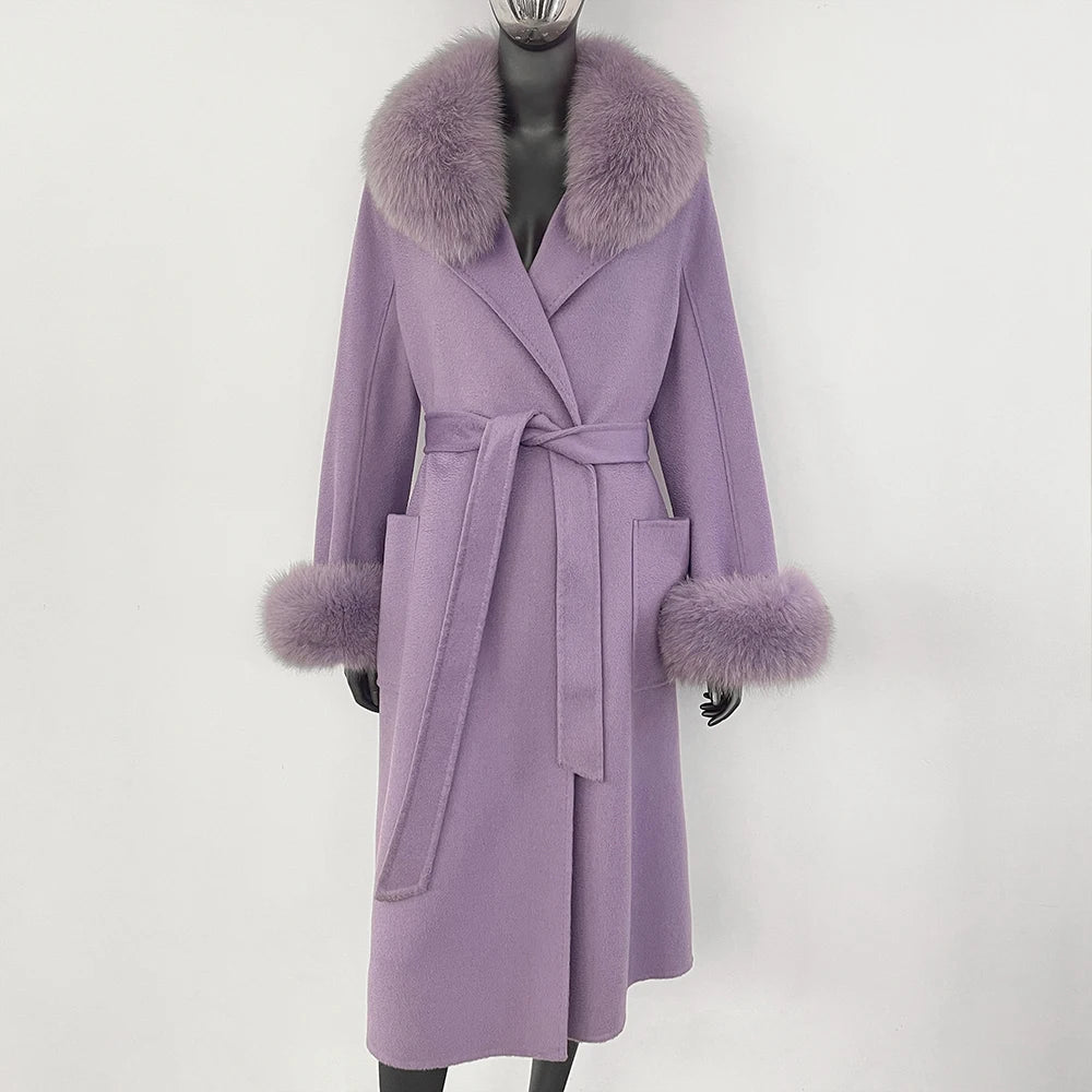 Real Fox Fur Collar Woolen Coat Women's Autumn Winter Warm Natural Fur Coat Casual Wool Fur Jacket Fashion Long Fur Coat Women's