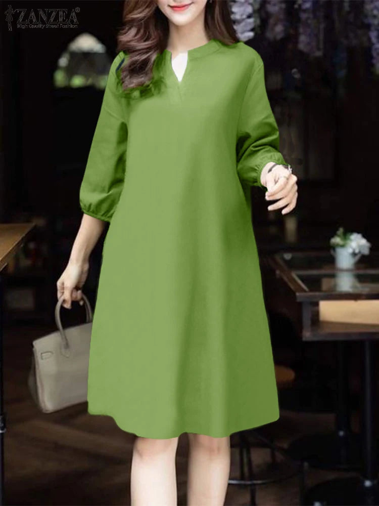 2025 ZANZEA Fashion Women V Neck 3/4 Sleeve Dress Autumn Sundress Elegant Solid OL Work Dresses Casual A Line Loose Vestido Robe