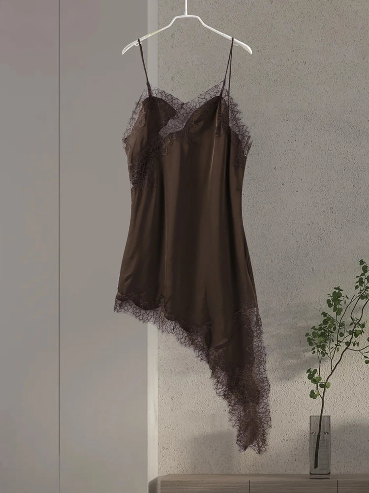 Sexy V-neck Sling Dress Women Fashion Sleeveless Lace Patchwork Irregular Mini Dresses 2025 Lady Summer Chic Casual Holiday Robe
