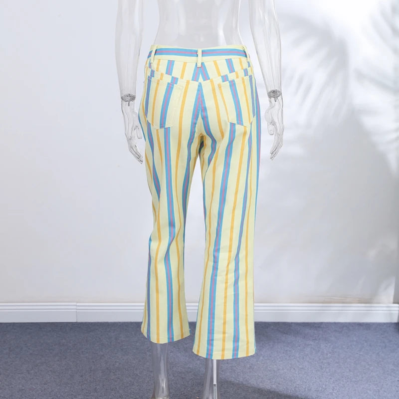 Women Striped Trousers Curved Knife Jeans  High Waist Contrasting Color Loose Versatile Casual Long Pants Women's Aladdin Pants