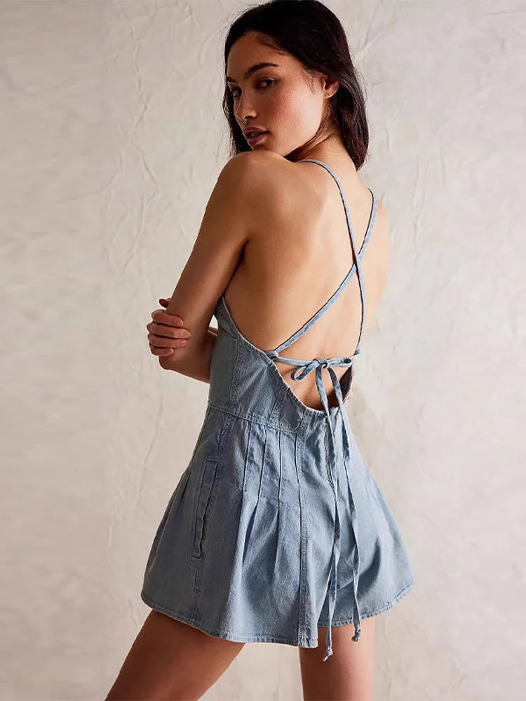 Chic Women's Sleeveless Backless Denim Short Jumpsuits Summer Sexy Deep-V Spaghetti Straps  Baggy Jeans Shorts Rompers For Woman