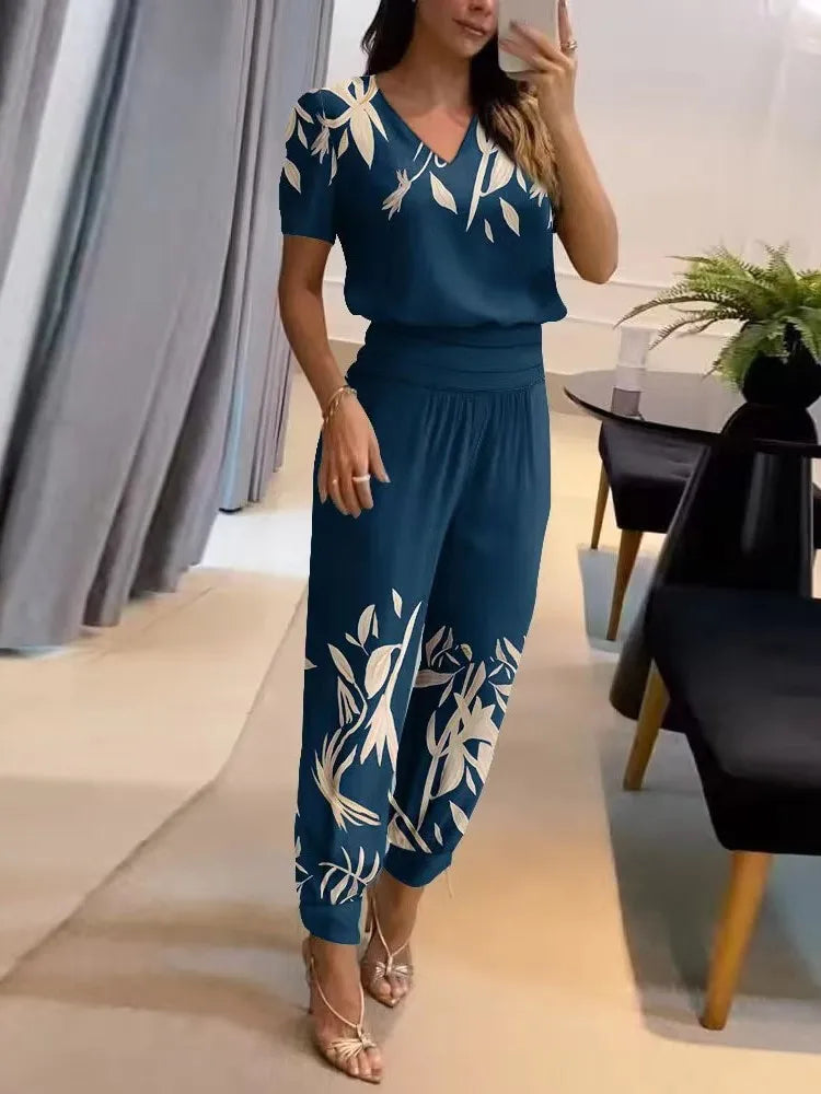 2025 New Long Pant Sets Summer Fashion Casual V-neck Print Short Sleeve Trousers Suit Two-piece Set 2 Piece Sets Women Outfit