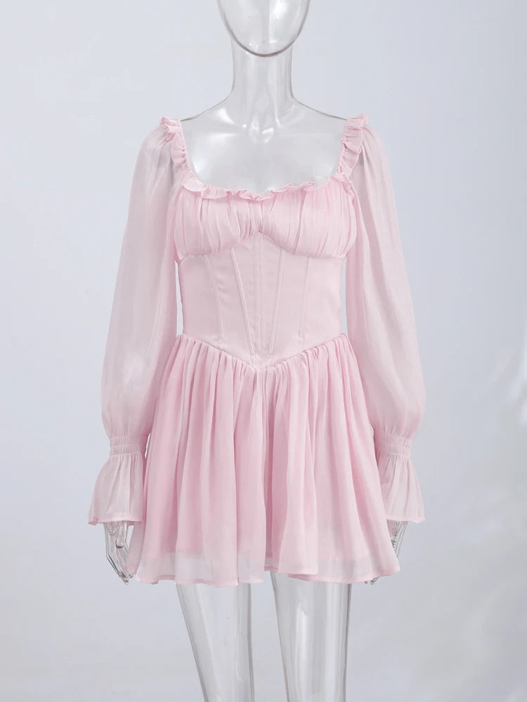 Elegant Square Neck Dress Women's Corset Mini Dress Ruffle Trim Long Sheer Puff Sleeves Romantic Party Dresses Woman Clothes