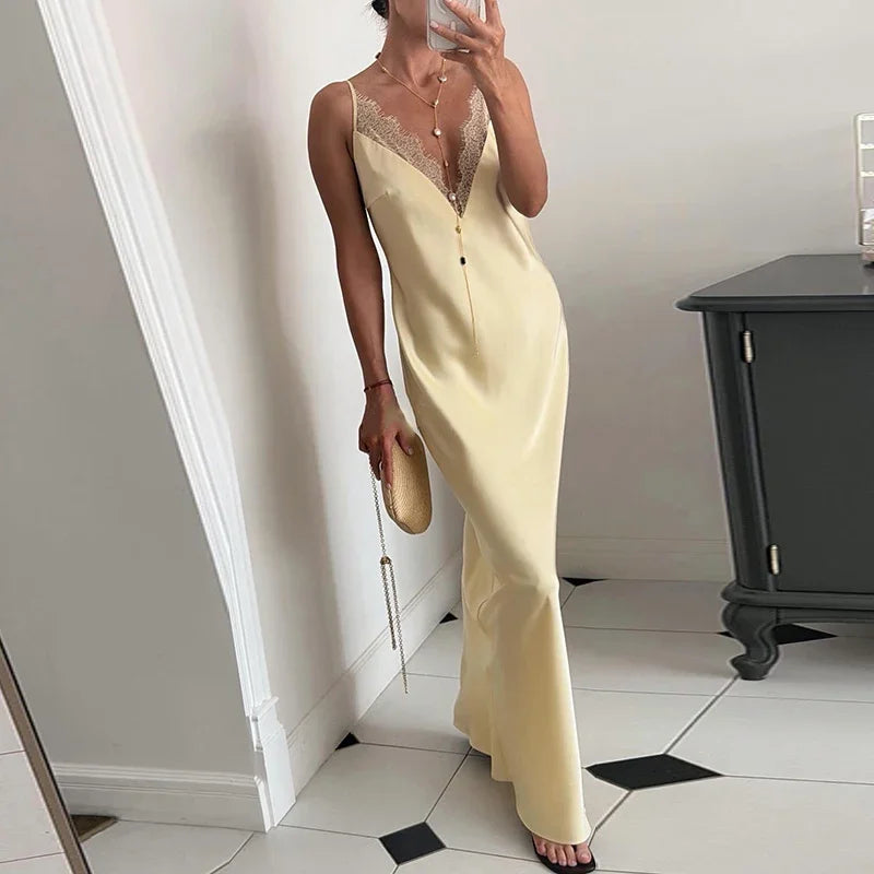Elegant Lace Patchwork Women's Dress V-Neck Slip Top Sleeveless Lady Long Dresses 2026 Spring Summer Female Vacation Robe