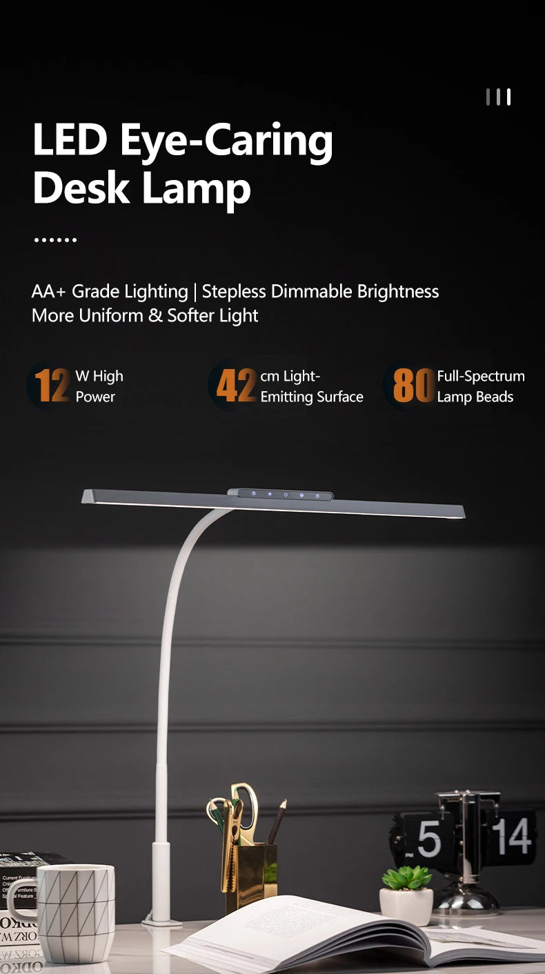 LED Full-Spectrum Eye-caring Desk Lamp with Flexible Gooseneck Stepless Dimming Flicker-Free Touch Control Desk Lamp for Home