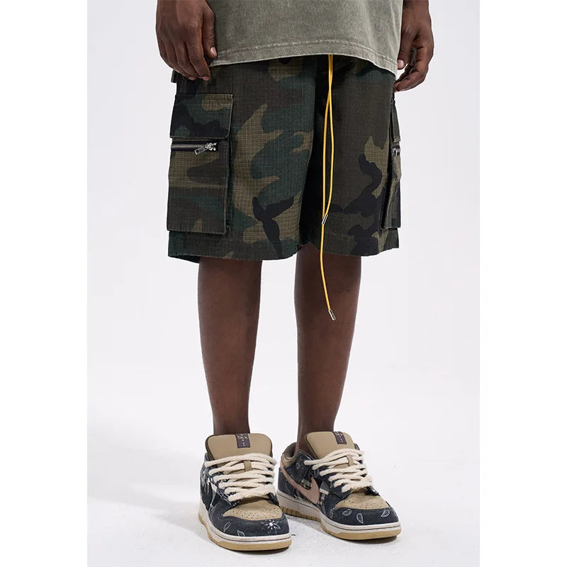 High Street Washing Trend Camouflage Tooling Shorts Men's Retro Casual Loose Summer Drawstring Versatile Trend Five-Point Pants