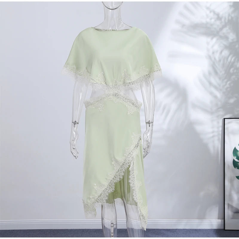 Lightweight Chiffon V-Neck Lace Insert Waist Maxi Dress Cutout Puff Sleeve 2026 Summer Women Party Dress Trendy Chic Lady Outfit