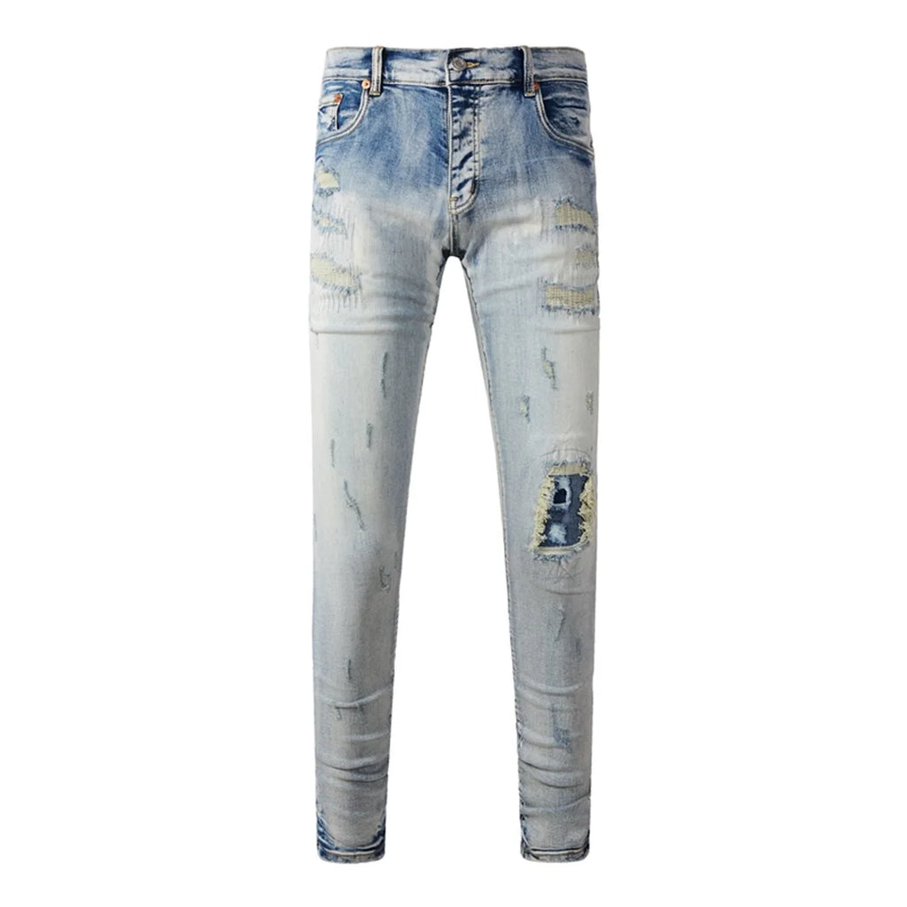 High Street American Distressed Men's Jeans Fashion Brand Coated Blank Stretch Skinny Button Fly Ripped Pants Trousers