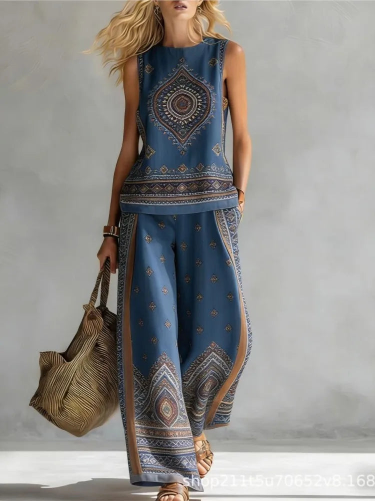 Fashion Retro Printed Sleeveless Tops Trousers 2-piece Set Women's Summer Casual Vest Loose Wide Leg Trousers Female Suit Pocket