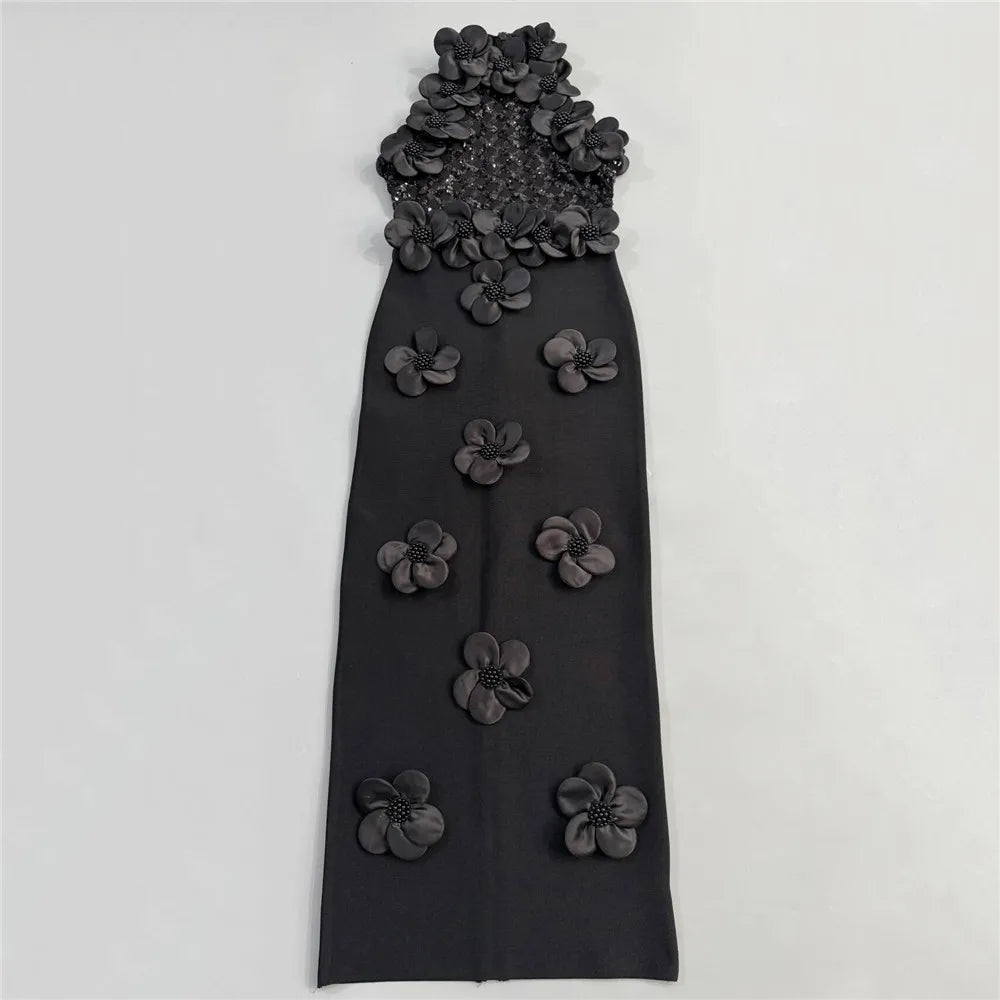Women Fashion Flower Beading Sequins Patchwork Bandage Dress Celebrity Party Sleeveless Elegant Dresses