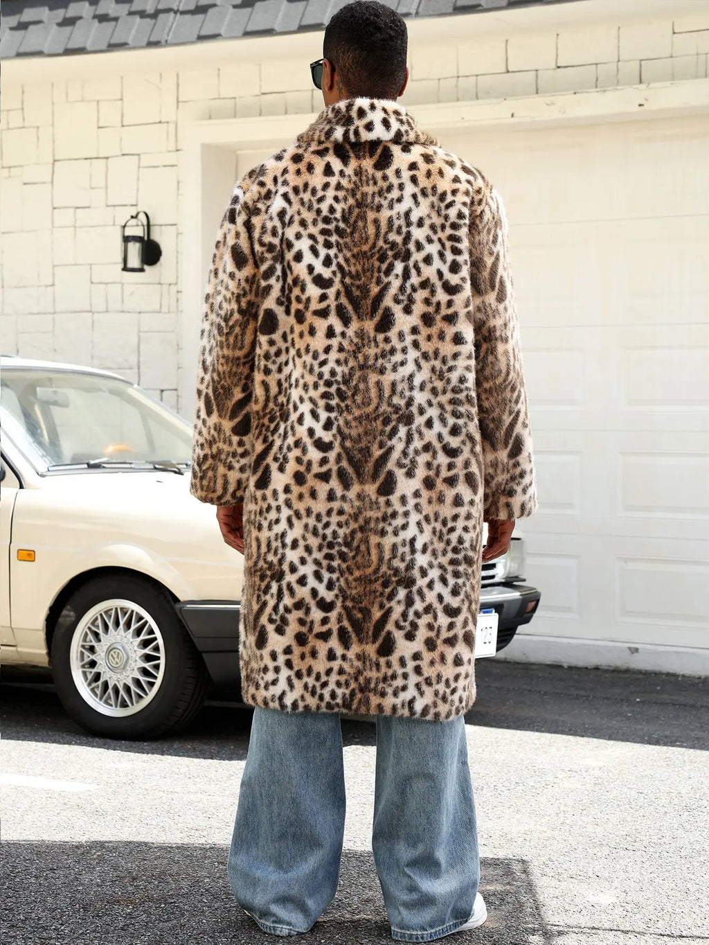 Men Faux Fur Coats Leopard Jackets Color Blocked Turn Down Collar Long Sleeve Single Breasted Straight Casual 2025 Autumn Winter