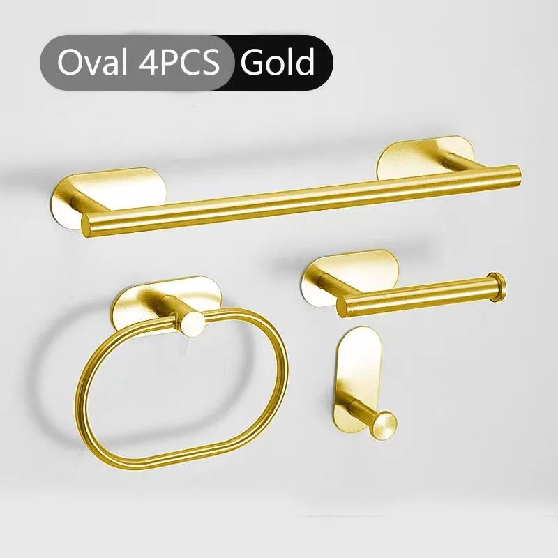 4pcs Bathroom Punch-free Towel Bar Set Stainless Steel Bathroom Hardware Wall-mounted Towel Rack Hook Tissue Holder