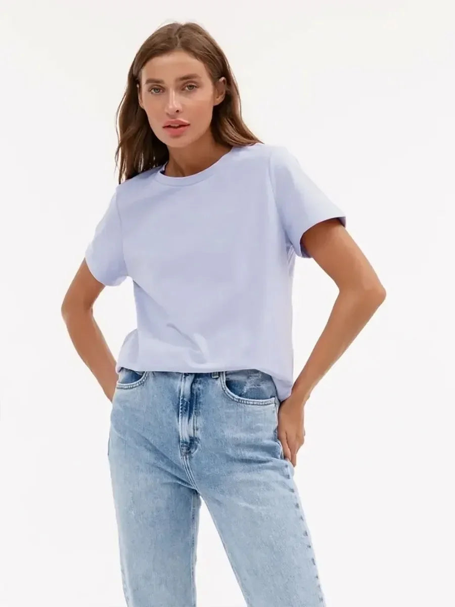 Summer 100% Cotton Women's T-shirt Bottoming Basic Fashionable Lady Short Sleeve Loose Tops Shirts Solid 200g/㎡ Tops