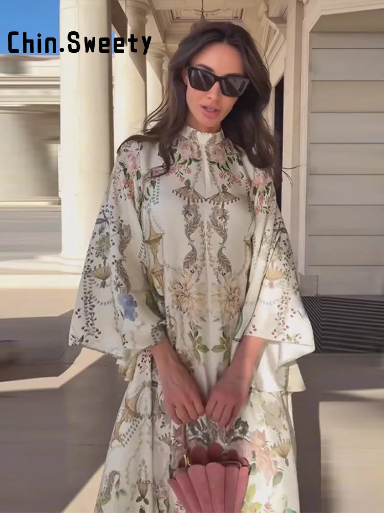 Elegant Women's Printed Long Dresses Loose O-neck Flared Half Sleeve Big Hem Wide Female Dresses 2026 Summer Lady HolidayRobes