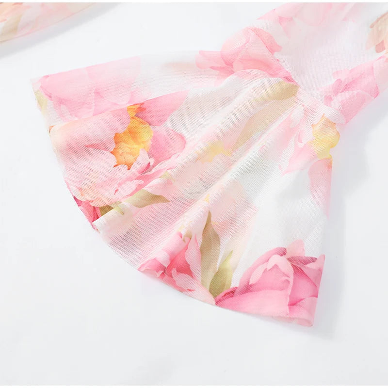 Women Pink Floral Print Maxi Dress Elegant V Neck Ruffle Trim Flare Sleeve Ruched High Chiffon Dresses 2026 Lady Party Vestido