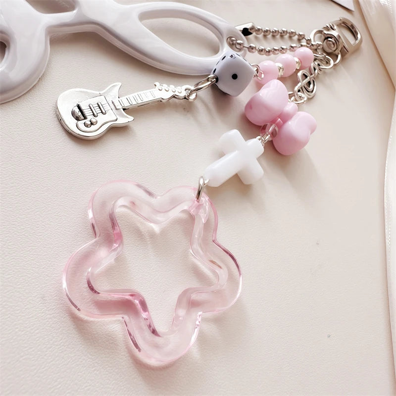 Y2K Music Themed Bag Charm Ribbon Bow Heart Keychain ItaBag Backpack Hanging Decor Ornament Accessory Gift For Teenage Girls