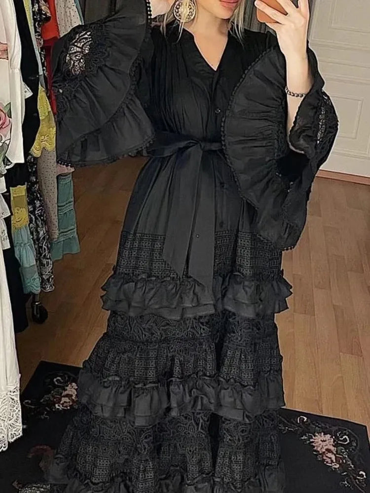 Elegant Hollow Out Lace Dress V-neck Vintage Flare Long Sleeves Chic Bandage A-line Long Dresses French High Street Clothing