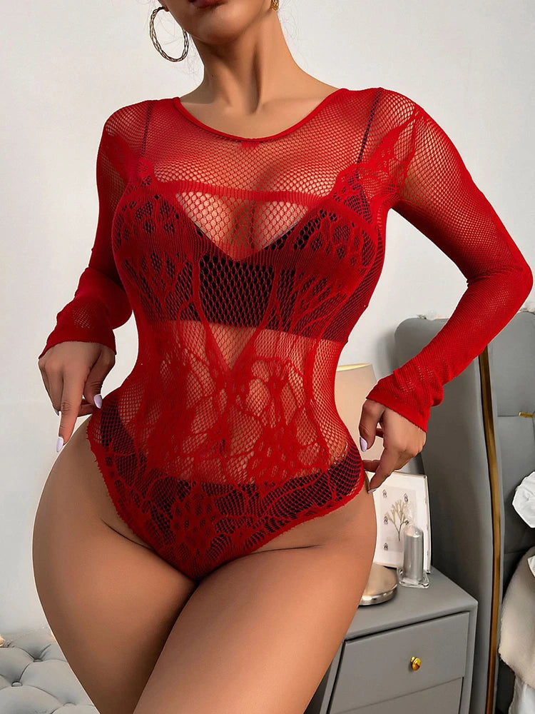 Sexy Sleepwear See Through Hollow Mesh Bodysuit Fashion Women Body Suit Transparent Temptation Sexiest Fishing Net Jumpsuit