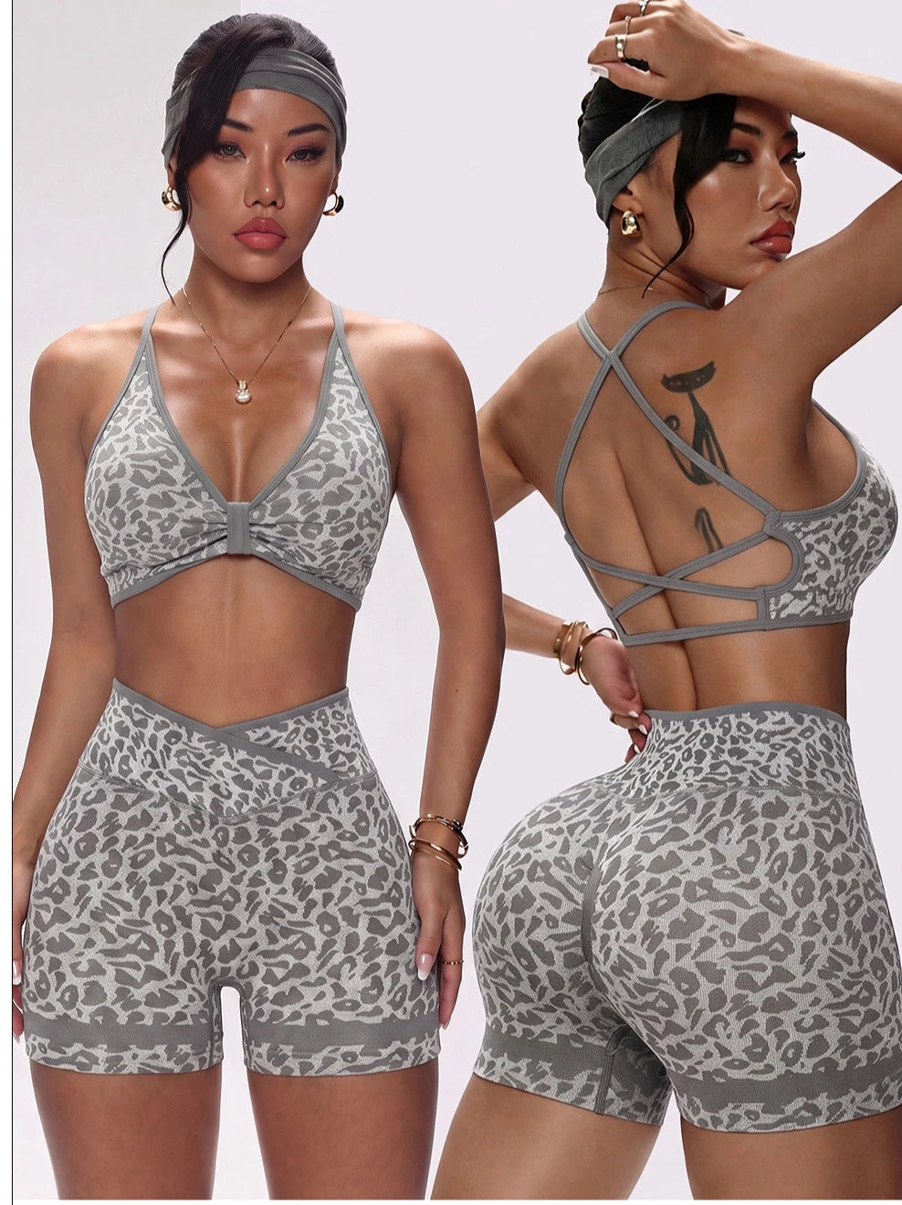 Women Seamless Leopard Print Yoga Outfit Cross Back Sports Bra and Biker Shorts 2 Piece Set Gym Workout Fitness Active Wear