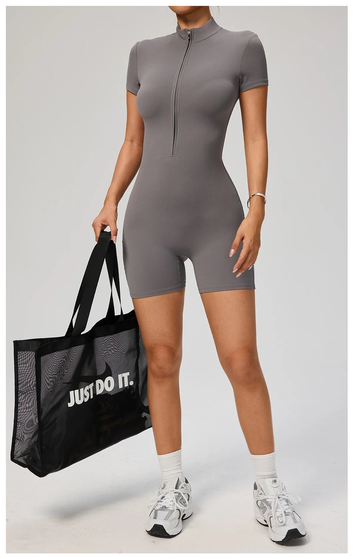 SOISOU Zipper Jumpsuit Women Short Sleeves Clothing Sportswear Woman Gym Yoga Sport Sets Nylon Workout Sets Women Tracksuit