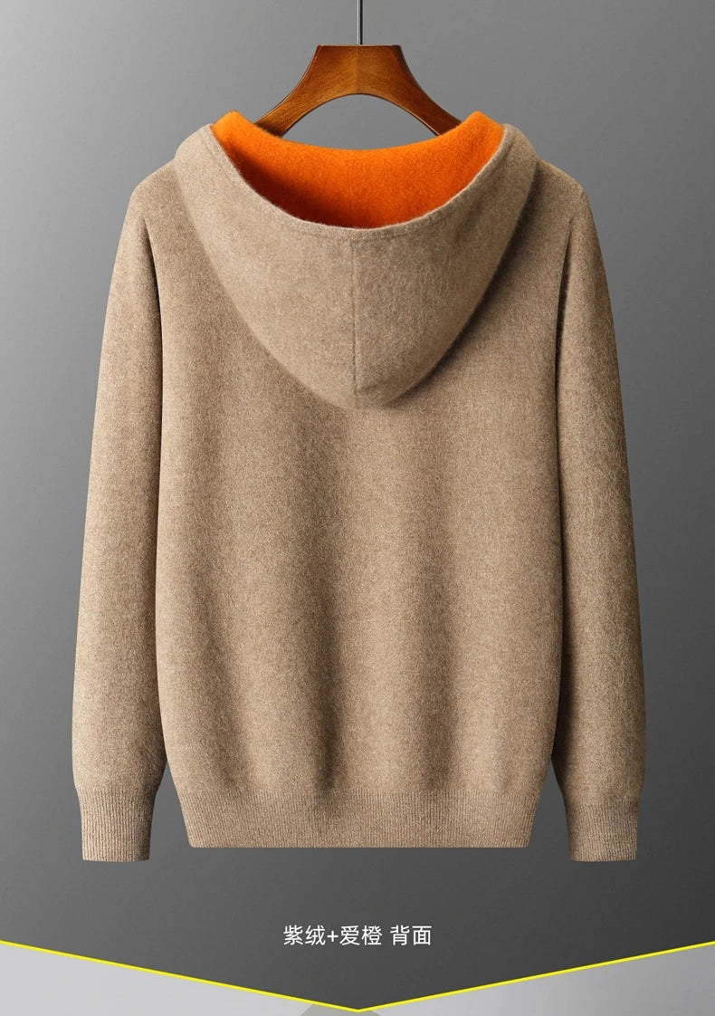 New Men's 100% Merino Wool Double Sided Wearable Hooded Sweater Casual Autumn Winter Coat Long Sleeved Men's Wool Sweater Tops