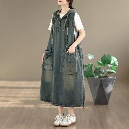 Original Denim Suspender Dres for Women Summer Fashion Vintage Big Pocket Mid-long Frocks Female Hip Hop Baggy Streetwear