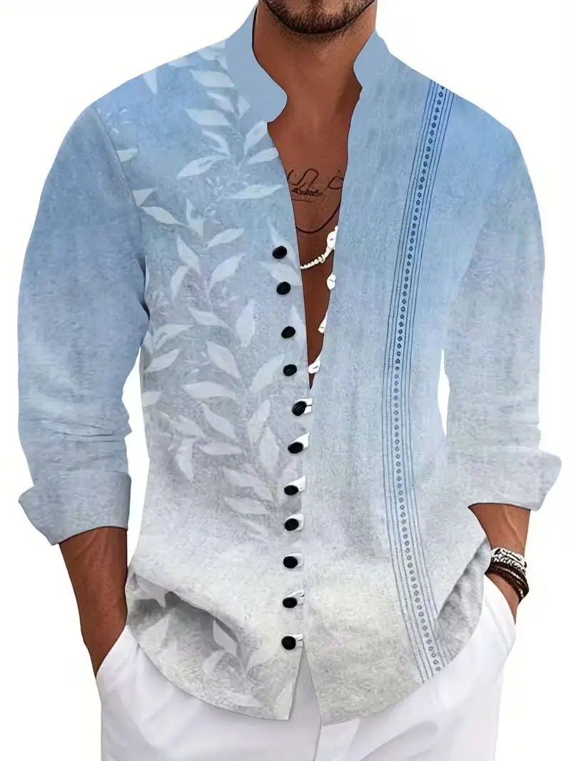 Men's Ethnic Embroidery Long Sleeved Shirt with Red and Black Floral Pattern, Comfortable and Fashionable Linen Long Shirt