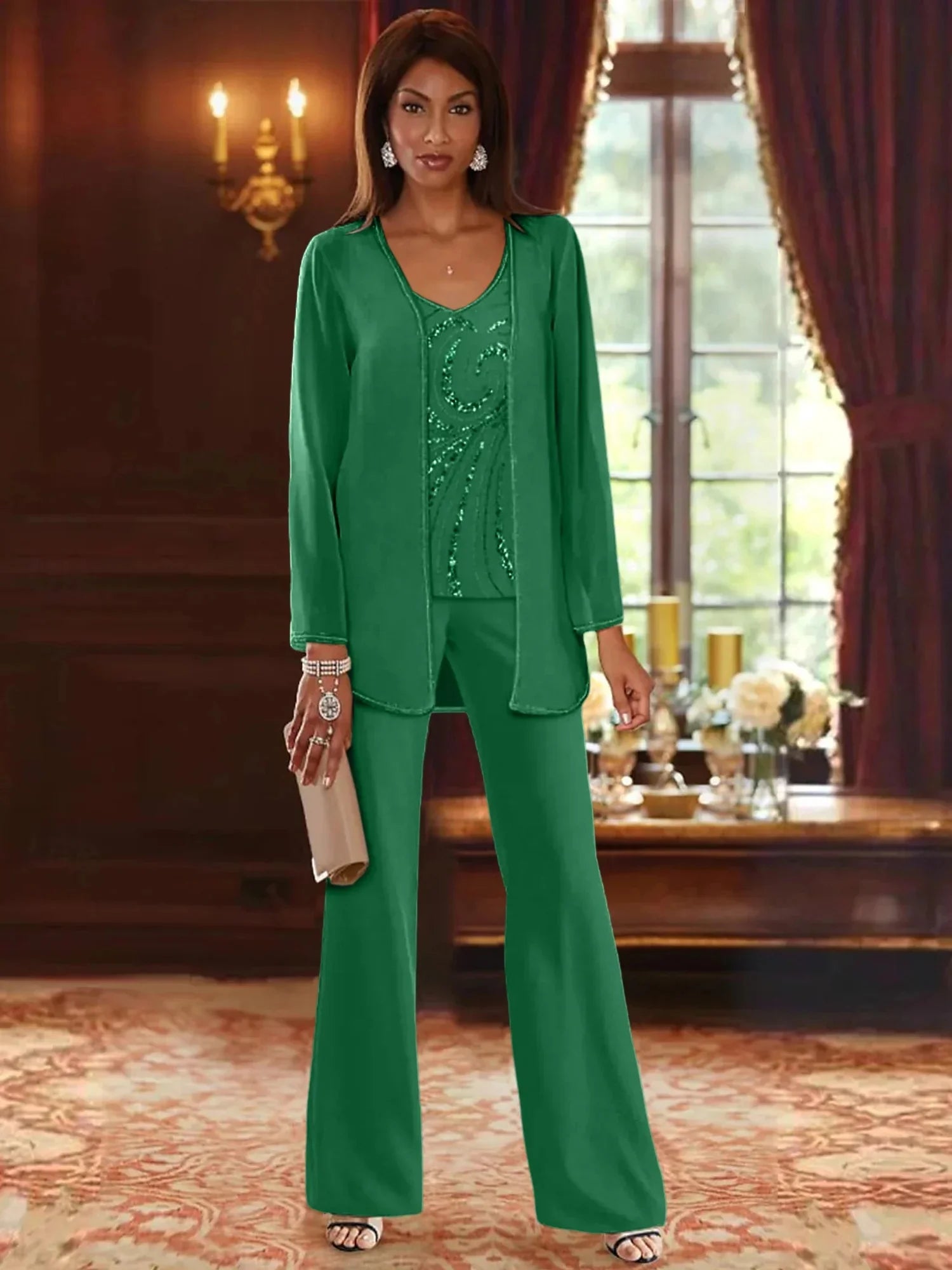 Pantsuit 3 Piece Mother of the Bride Dress Formal Wedding Guest V Neck Chiffon Lace Sleeveless with Beading Sequin 2024