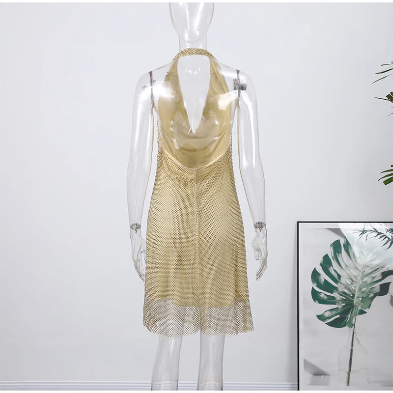 Sexy Diamond Halter Dress Women Shinny Sleeveless Backless V-neck Slim A-line Dresses Female 2026 Spring Summer Party Lady Robes