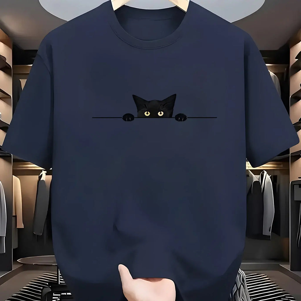 Men's Summer 100% Cotton Fashionable Casual Loose Large Cute Cat Pattern Printed Round Neck Short Sleeve T-shirt Top