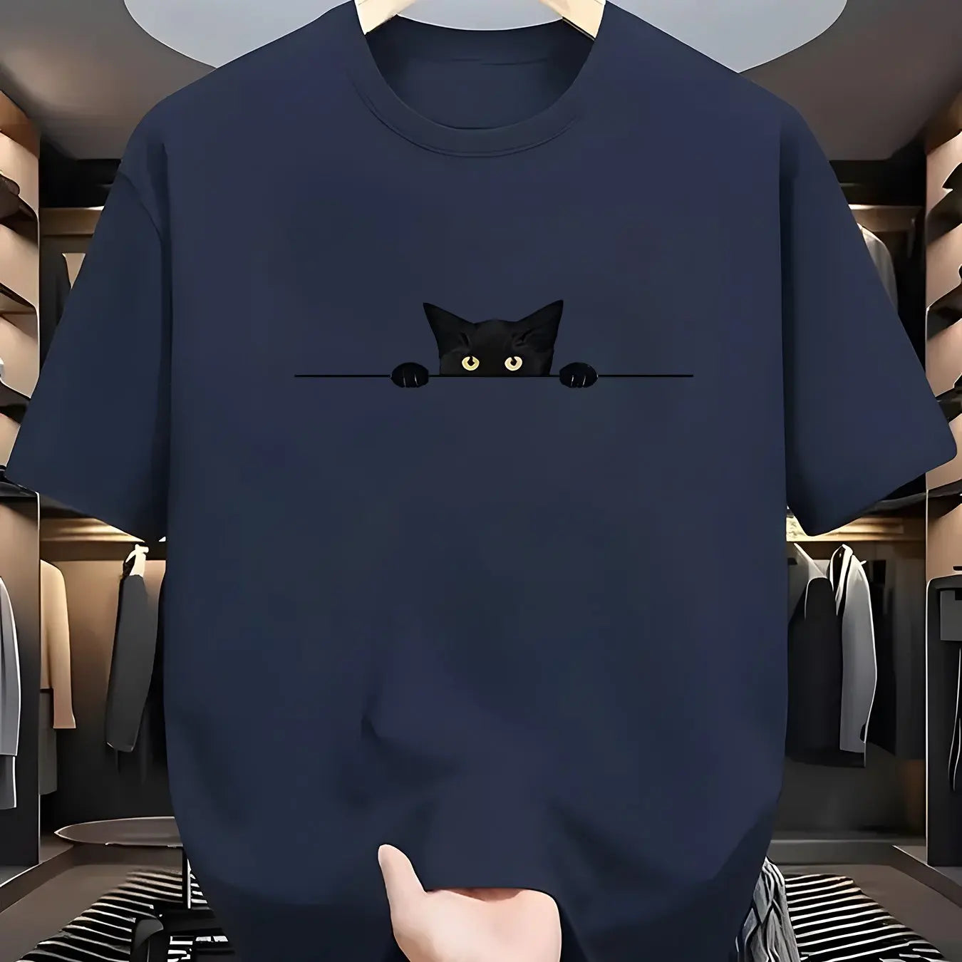 Men's Summer 100% Cotton Fashionable Casual Loose Large Cute Cat Pattern Printed Round Neck Short Sleeve T-shirt Top