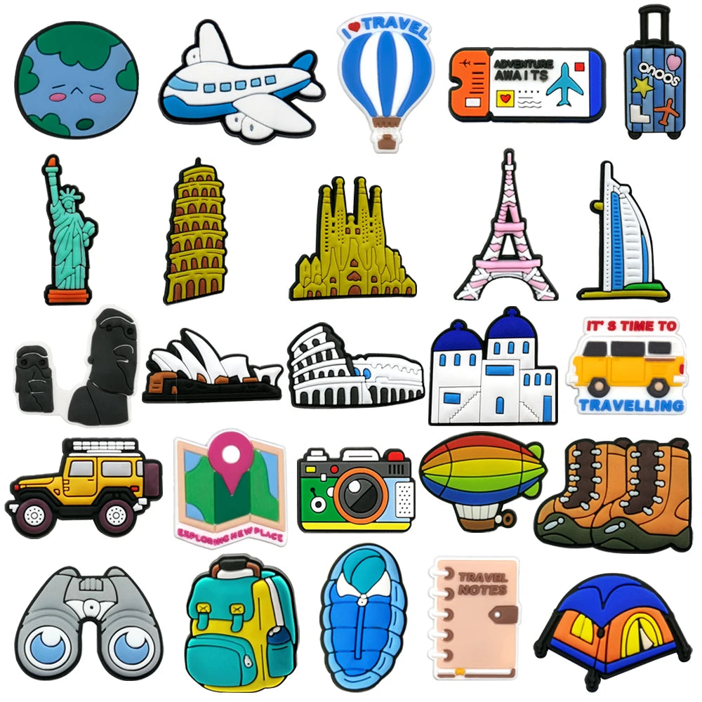 1/25pcs World Travel Shoe Charms Eiffel Tower Shoe Decorations Leaning Tower of Pisa Statue of Liberty Garden Sandals Accessory