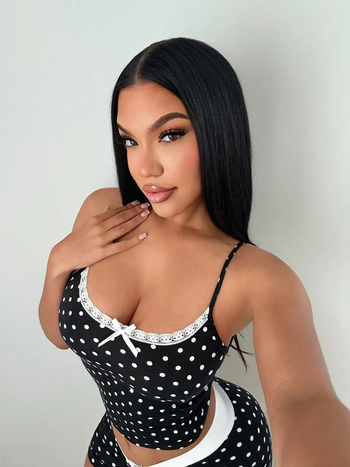 Fashion polka dot lace camisole home suit set, pure desire spicy girl style pajamas two-piece set, short