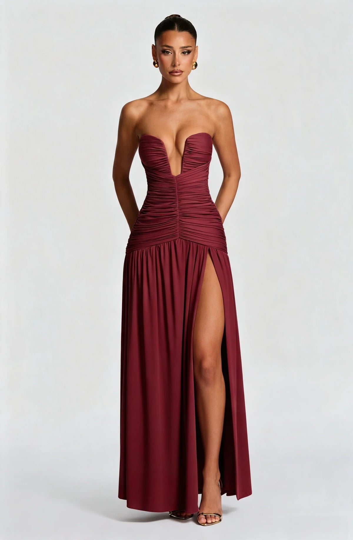 Strapless Deep V Ruched Maxi Dress High Split Formal Evening Gown Women Wedding Guest Party Long Dresses