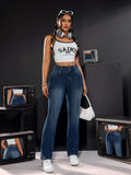 Women's High-Waisted Stretch Denim Trousers Double Button Detail Comfortable Fit Straight Leg Jeans