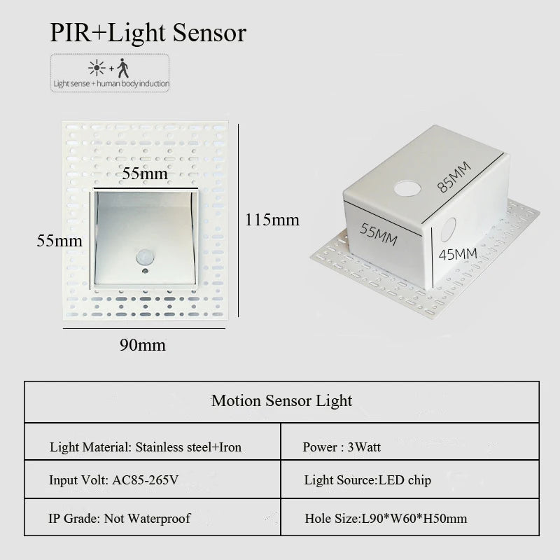 Embedded Frameless LED Step&Stair Wall Lamps 3W Motion Sensor Indoor Bedroom Ladder Foyer Corner Intelligent NightLight 100-240V