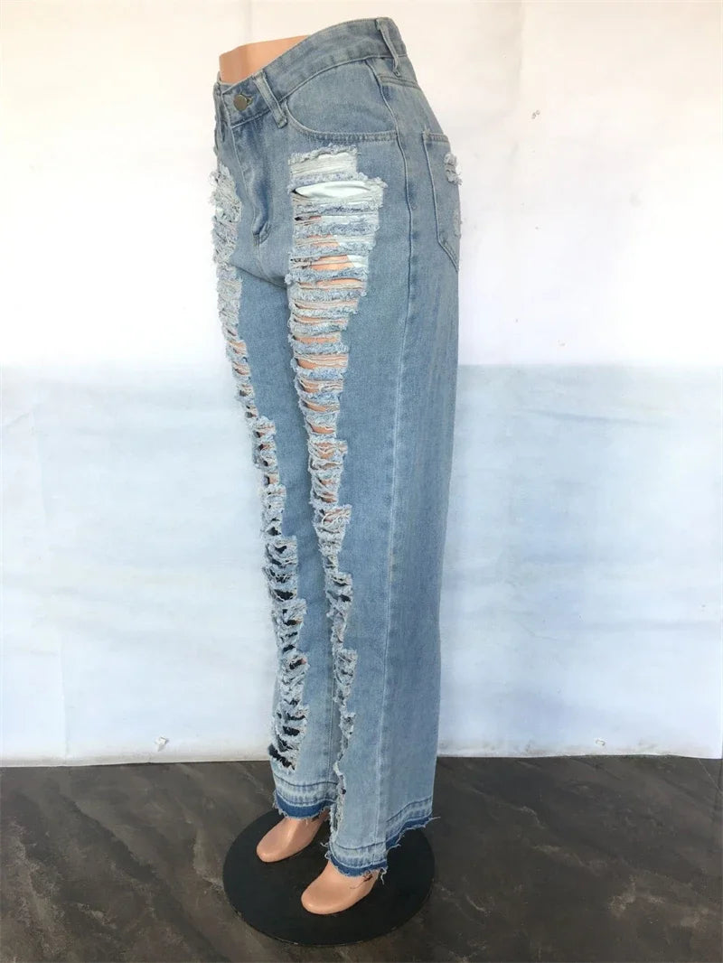 Fashion Ripped Jeans Summer Clothes Women 2024 High Waist Broken Holes Denim Trousers Streetwear Cutout Straight Leg Jean Pants
