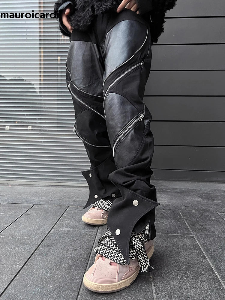 Mauroicardi Spring Autumn Long Black Patchwork Pu Leather Pants Men with Many Zippers Luxury Designer Clothing Trousers Fashions
