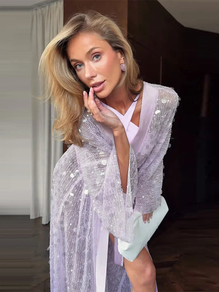 Sequined Hollow Out Long Dress Women Sexy V-neck Full Sleeve Mesh Patchwork Lace Up Cardigan Party Evening Dresses New Beachwear