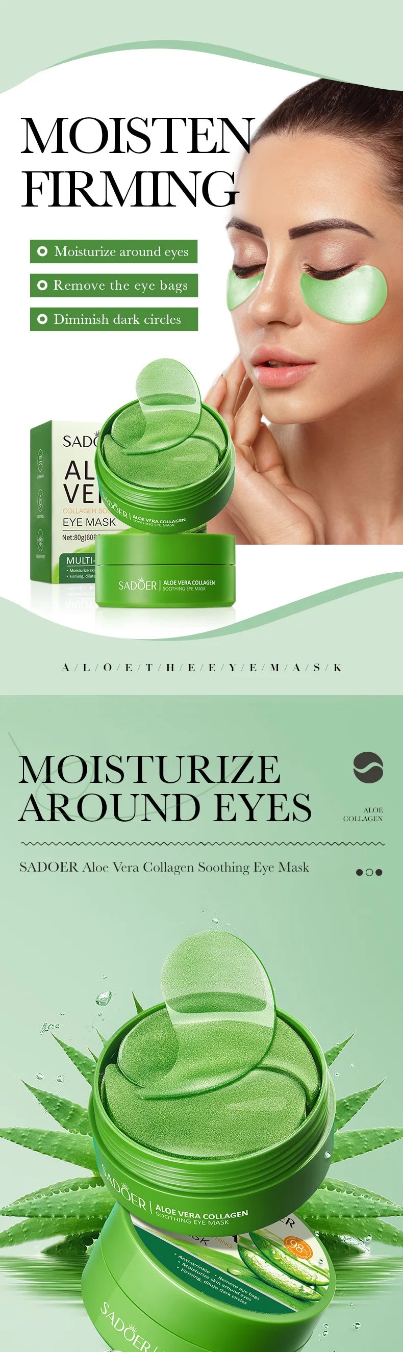 SADOER Aloe Vera Collagen Soothing Eye Mask 60pcs Moisturizing Firming Eye Patches for Puffiness Dark Circles