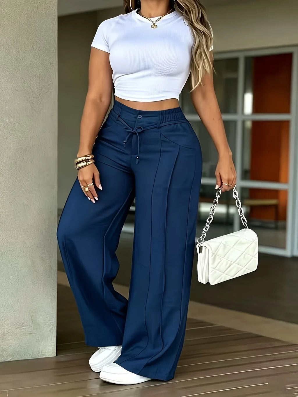 High Waist Solid Color Wide Leg Pants Autumn Chic Loose Elegant Lace-up Long Pant Office Ladies Straight Holiday Women Trousers