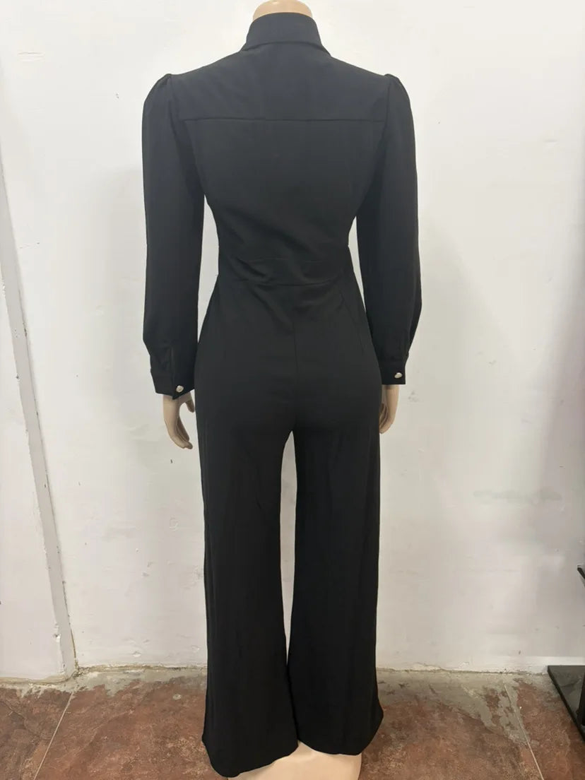 Women's Elegant Lapel Collar Button Front Puff Sleeve Wide Leg Jumpsuit High Waist Bodycon Long Romper