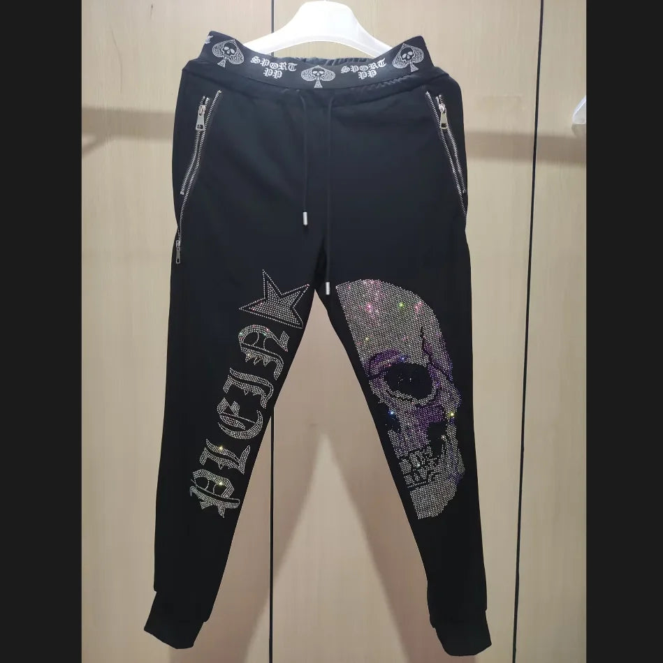 2025 Summer New Luxury Men's Fashion Skull Design Rhinestones T-Shirt Pure Cotton Crew-Neck Casual High Quality