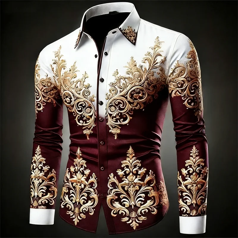 New 12 Color Men's Gold Exquisite Pattern Long-Sleeved Button Retro Floral 3D Printed Hawaiian Shirt Fashionable Shirt